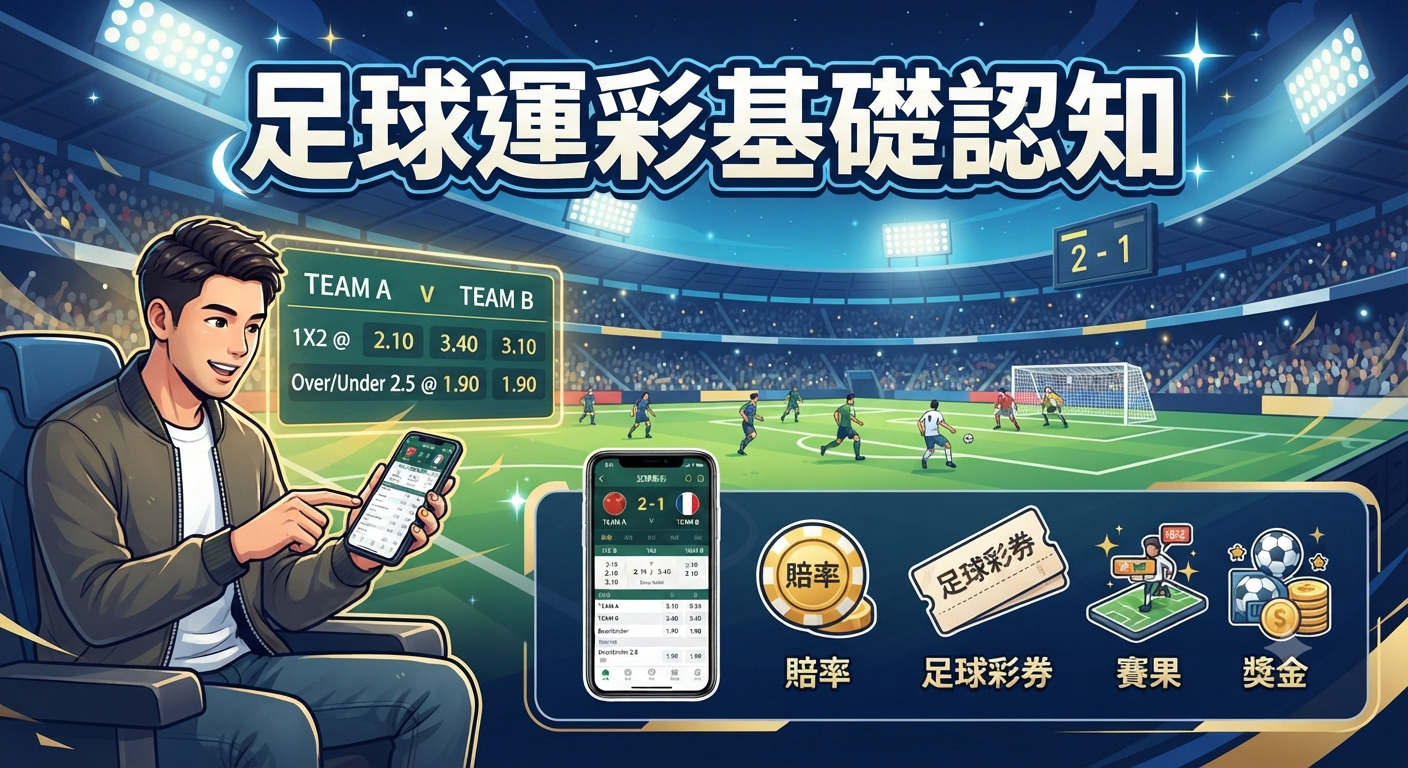 這張圖片展示了一位年輕人正在手機上瀏覽足球運彩賽事與賠率資訊。 背景為充滿活力的足球場,下方並列出賠率、彩券、賽果與獎金等運彩基礎知識的圖示。