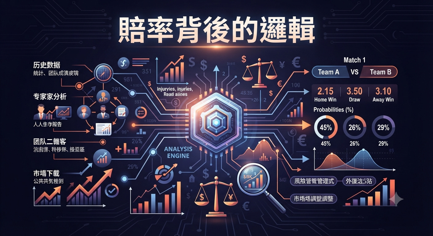 這張圖片展示了數據分析引擎如何處理博彩賠率,並呈現出背後的邏輯結構。 透過歷史數據、專家分析與市場動態的整合,系統最終計算出各項賽事結果的機率與對應賠率。
