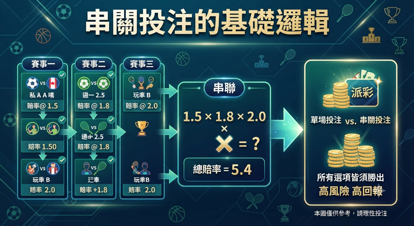 這張圖表清晰地展示了串關投注的基礎邏輯，即將多場賽事的賠率相乘計算總回報。 其核心規則在於所有投注選項皆需獲勝，體現了高風險與高回報並存的特性。
