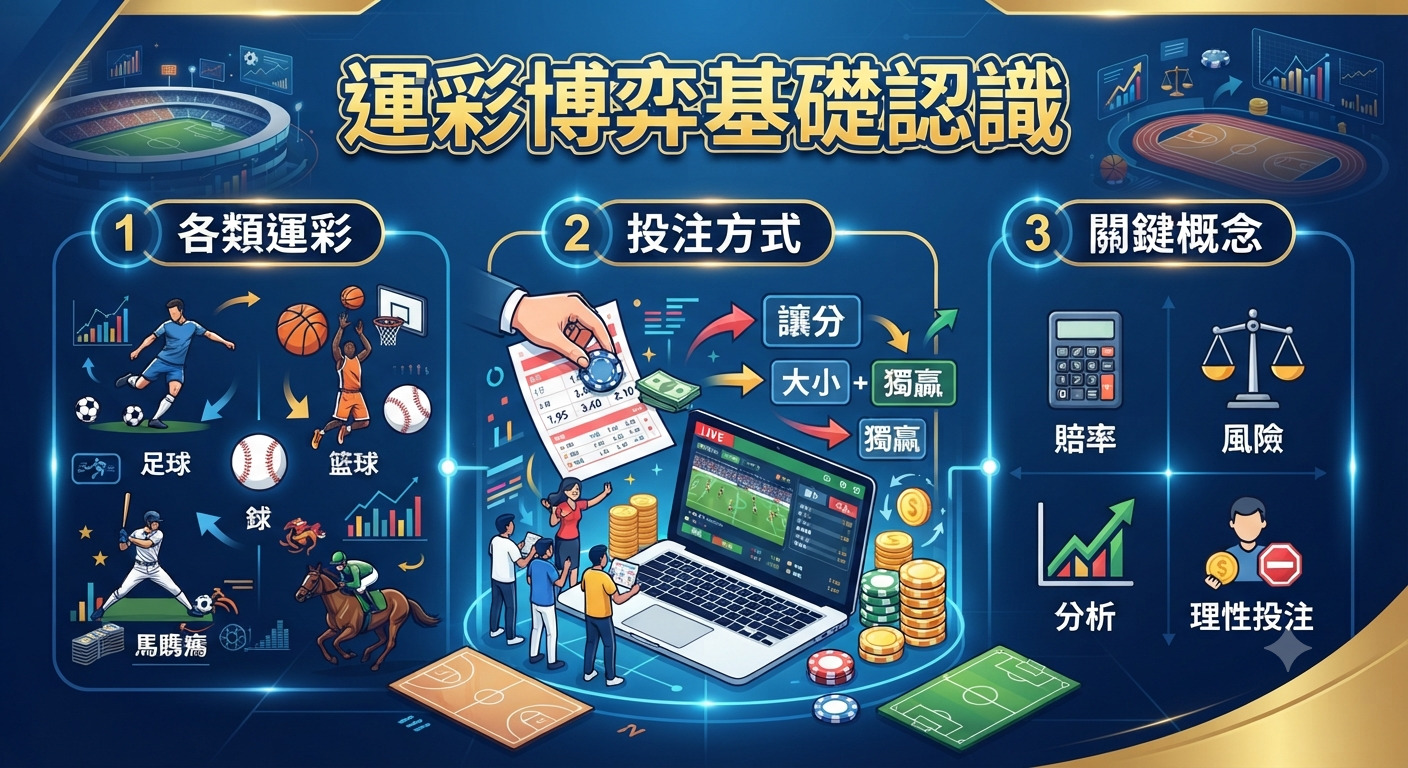 這張圖片以「運彩博弈基礎認識」為標題，並將內容劃分為「各類運彩」、「投注方式」與「關鍵概念」三大區塊。 透過圖像化的運動項目、投注介面及分析圖表，直觀地展示了體育博弈的運作邏輯與核心要素。
