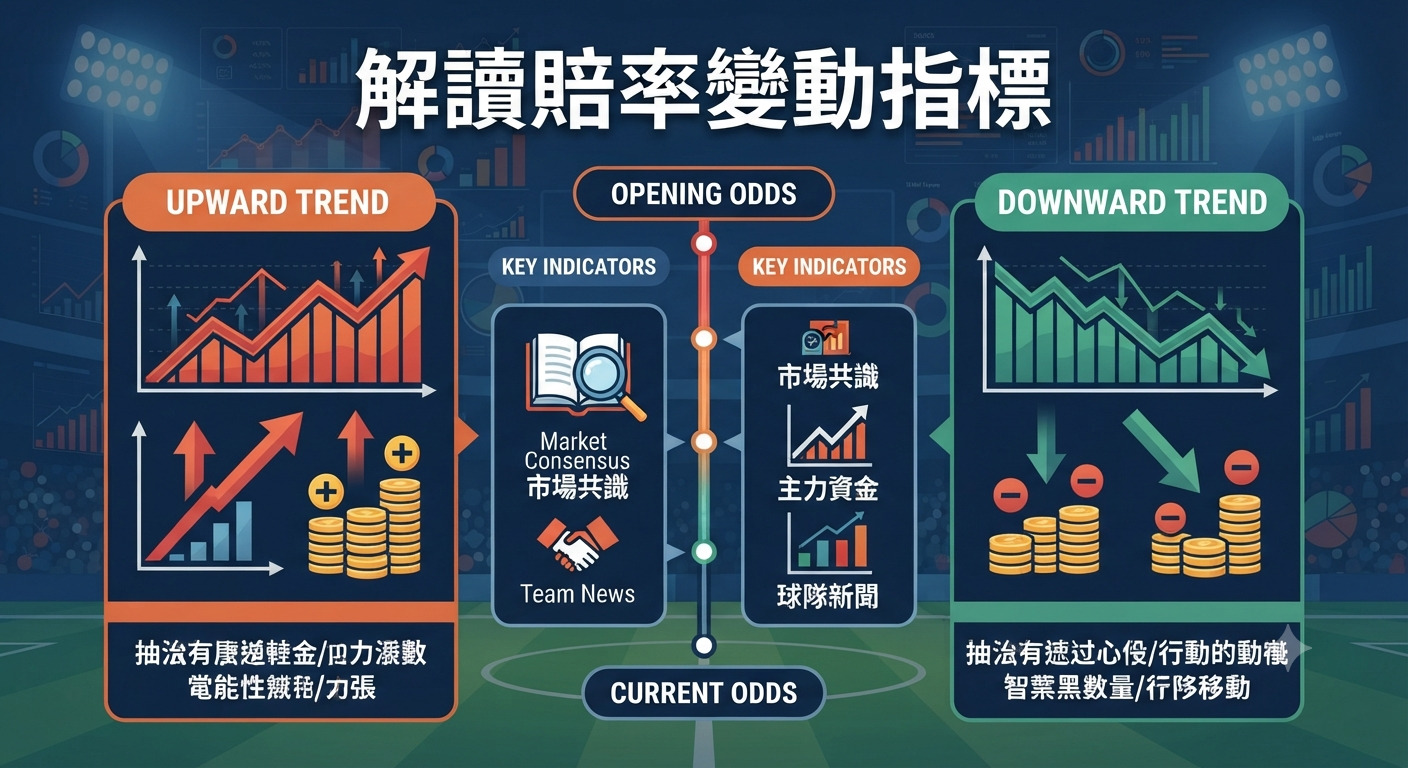 這張圖表旨在解析賠率變動的關鍵指標,透過視覺化的趨勢圖與市場因素分析,幫助使用者理解博彩賠率的調整機制。 圖中清晰呈現了「解讀賠率變動指標」的主題,並對照了賠率上升與下降趨勢所代表的市場共識與資金動向。