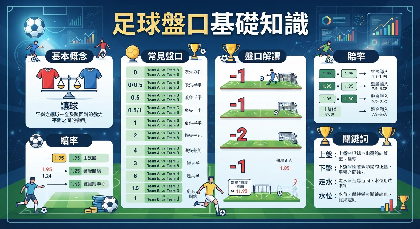 這是一張關於足球盤口基礎知識的教學圖表，重點介紹了讓球概念、常見盤口類型、賠率解讀及關鍵術語。 圖表透過清晰的視覺設計與分類，協助初學者快速掌握足球投注的核心規則與分析方法。