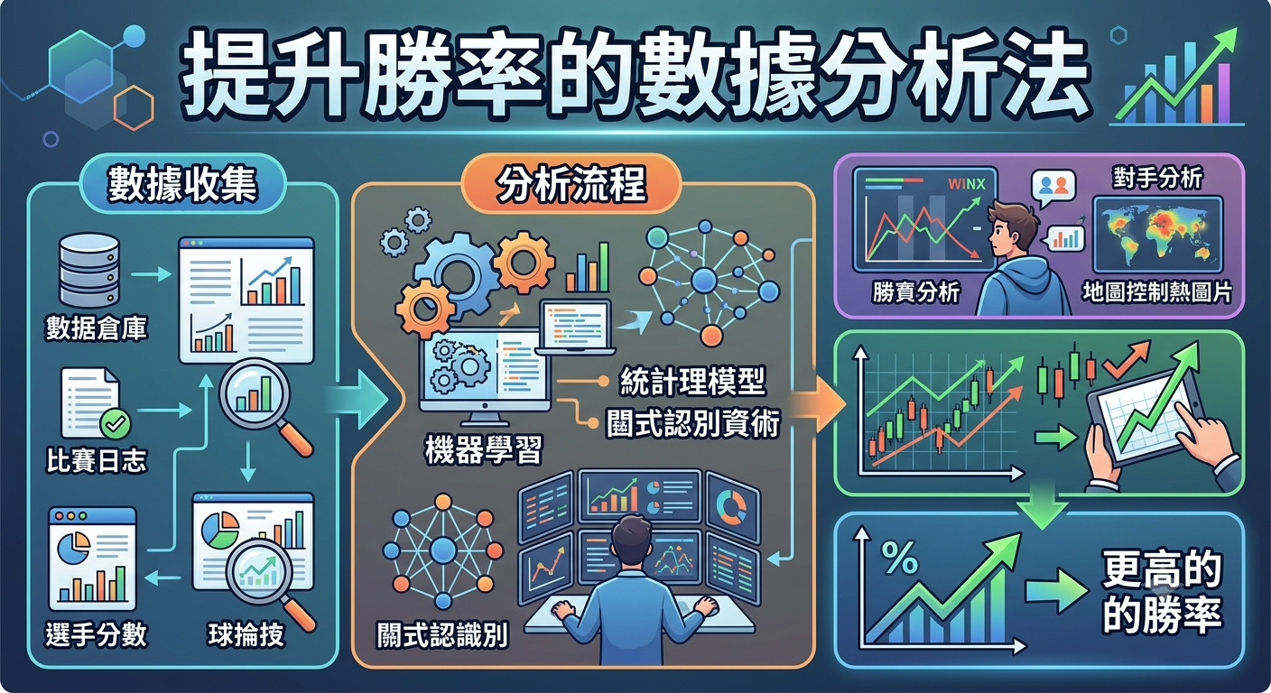 這張圖片以「提升勝率的數據分析法」為標題,展示了從數據收集、分析流程到策略優化的完整過程。 圖像透過流程圖與圖示,清晰呈現了運用機器學習與統計模型,將數據轉化為提升勝率決策的系統化方法。