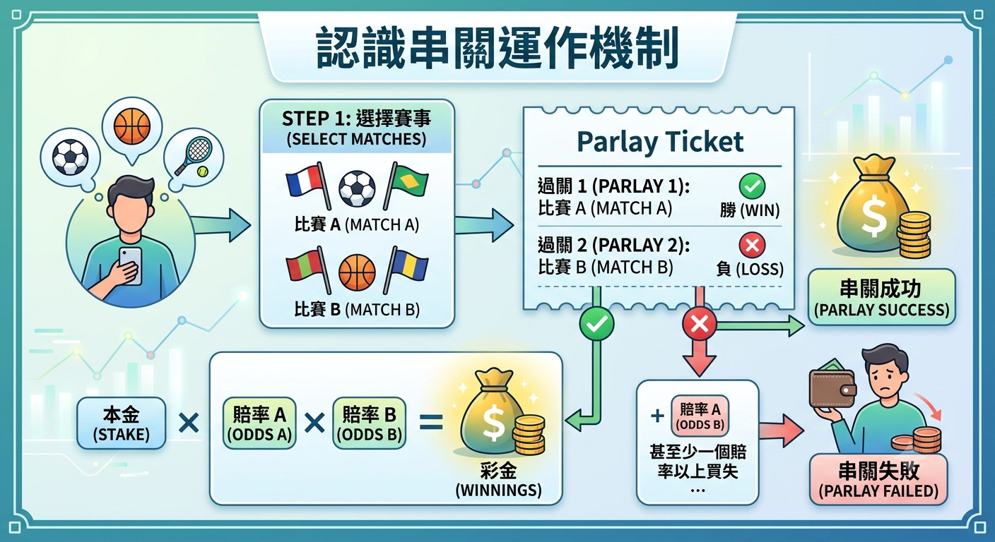 這張圖表說明了「串關」(Parlay)投注的運作機制,展示了如何透過累積多場比賽賠率來計算潛在彩金。 圖中清晰呈現了若所有投注選項皆命中則贏得獎金,反之若其中任何一項失敗則整單輸掉的風險概念。