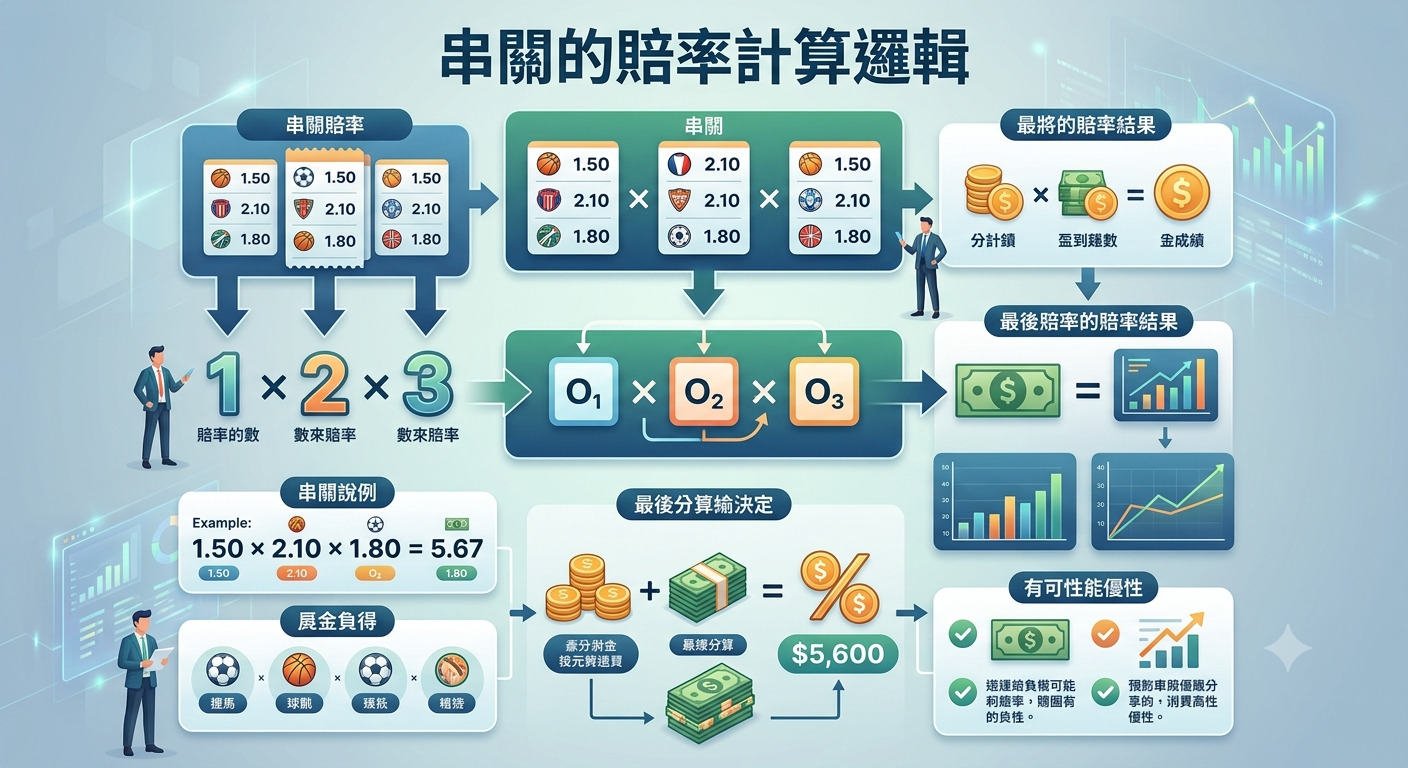這是一張關於串關賠率計算邏輯的示意圖,透過步驟化流程與數學公式解釋多場賽事賠率相乘的計算方式。 圖表詳細展示了從選定賠率、數值相乘到最終獲利結果的演算過程,旨在幫助使用者快速理解投注的運作機制。