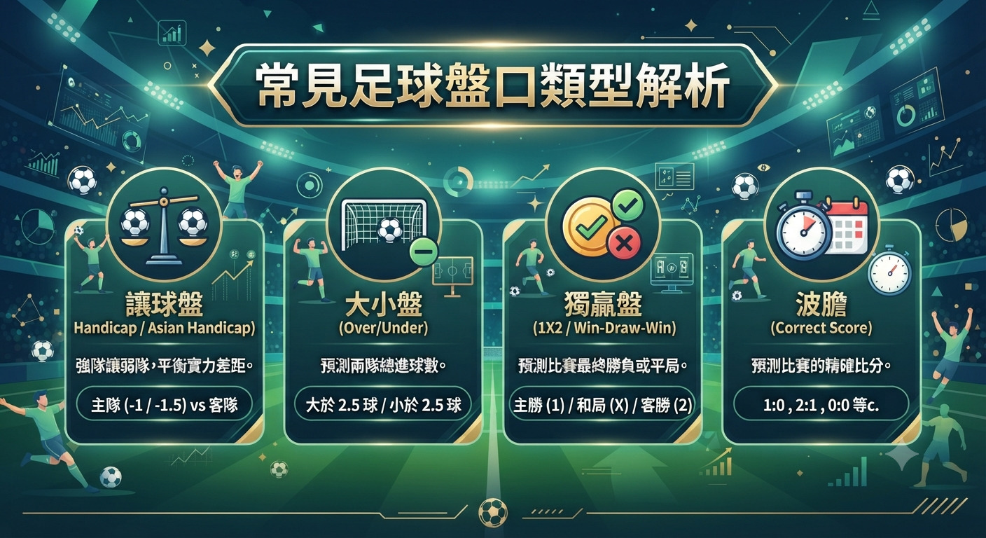 這張圖表以專業的綠色球場為背景，詳細解析了常見的足球盤口類型。 標題清晰呈現，並以四個區塊分別說明讓球盤、大小盤、獨贏盤與波膽的投注概念。