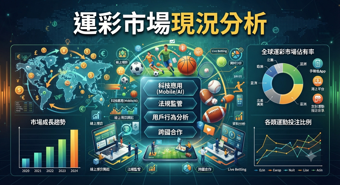 這張圖片以數據分析風格呈現了「運彩市場現況分析」的主題。 畫面中結合了全球地圖、運動賽事元素、財務圖表以及數位科技圖示，展現了市場成長趨勢與多元的投注數據。