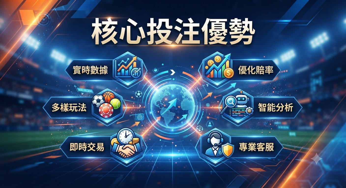 這張圖片呈現了以「核心投注優勢」為主題的現代化科技風格設計，透過數據圖表、競技圖標與專業分析元素，突顯投注平台的競爭力。 畫面採用深藍色調搭配亮光特效，強調精準、智能與即時互動的專業服務形象。