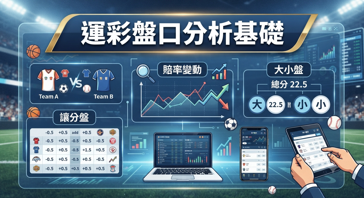 這張圖片以「運彩盤口分析基礎」為主題,展示了結合數據圖表、讓分盤與大小盤的專業分析介面。 畫面透過電腦、平板及動態數據曲線,直觀地呈現了運動博弈中盤口分析的核心要素與操作情境。