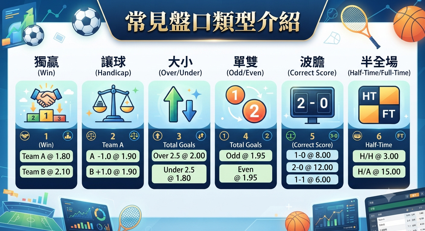 這張圖片展示了常見的體育博彩盤口類型介紹,標題為「常見盤口類型介紹」。 圖片中詳細列出了獨贏、讓球、大小、單雙、波膽及半全場等六種投注方式及其範例。