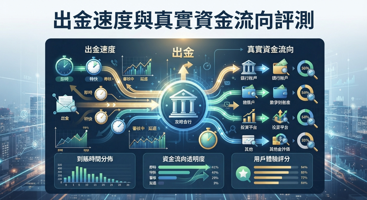 這張圖片展示了一份關於「出金速度與真實資金流向評測」的數據圖表,其中包含資金流動圖示、到帳時間分佈與用戶體驗評分。 整體視覺採用專業的金融科技風格,突顯出金審核流程與真實資金流向的透明度分析。