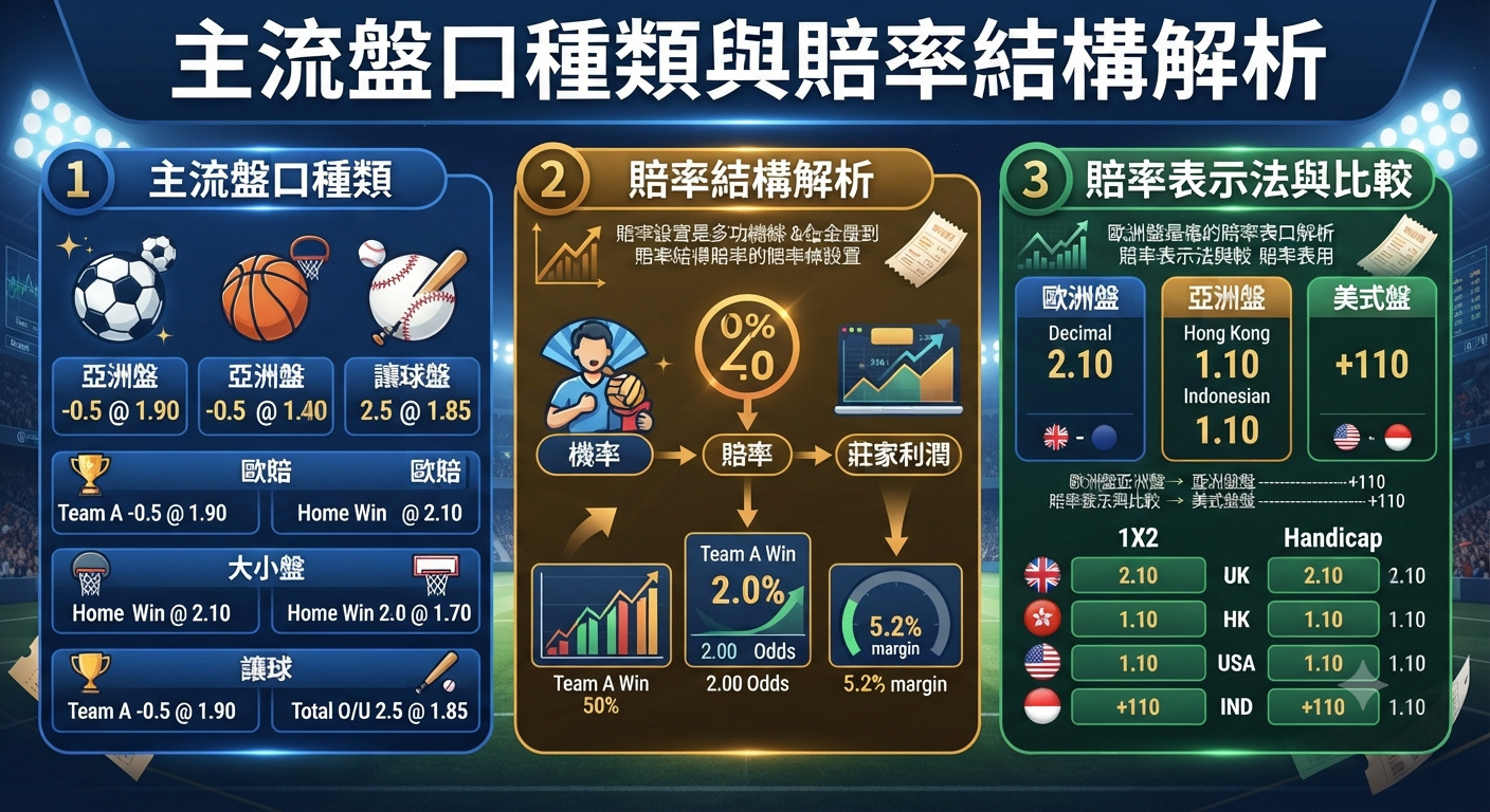 圖片展示了運動賽事中主流盤口的種類與賠率結構解析。 內容透過圖表與數據詳細對比了亞洲盤、歐洲盤及美式盤的運作方式與賠率差異。