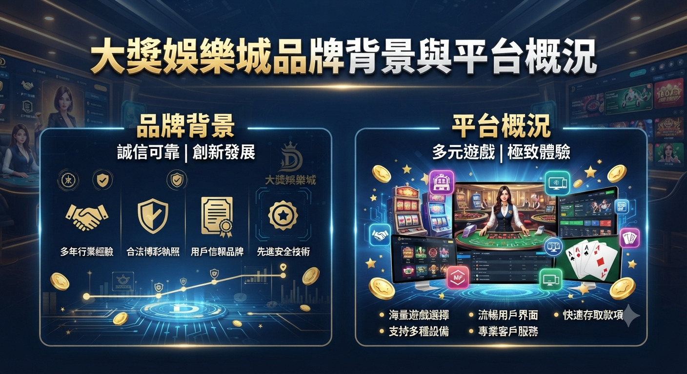 圖片展示了大獎娛樂城的品牌背景，介紹其誠信可靠與多年行業經驗。 同時呈現了平台概況，突顯多元遊戲選擇與極致流暢的用戶體驗。