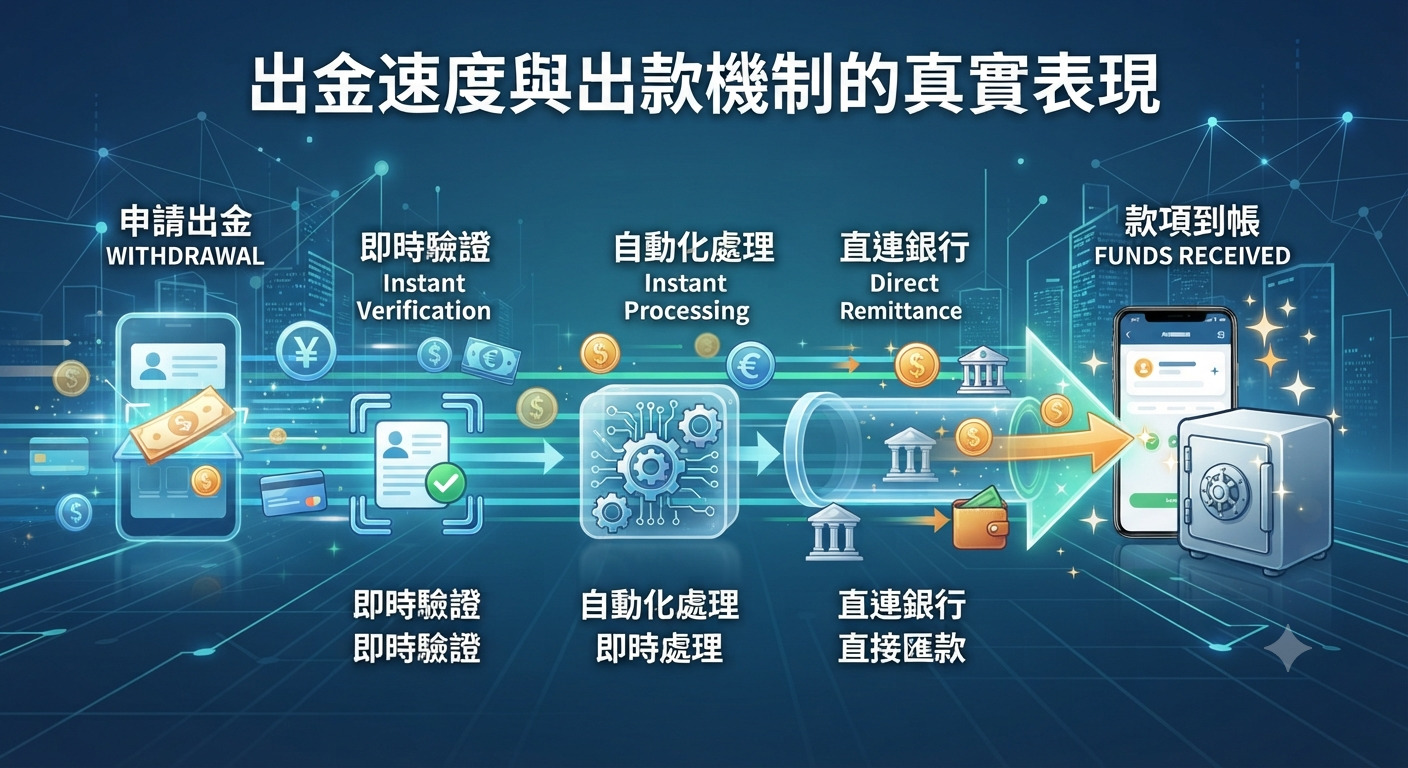 這張圖片展示了現代數位平台高效的出金速度與自動化出款機制。 整體視覺以科技藍色調為主,清晰呈現從申請到款項到帳的流暢流程。