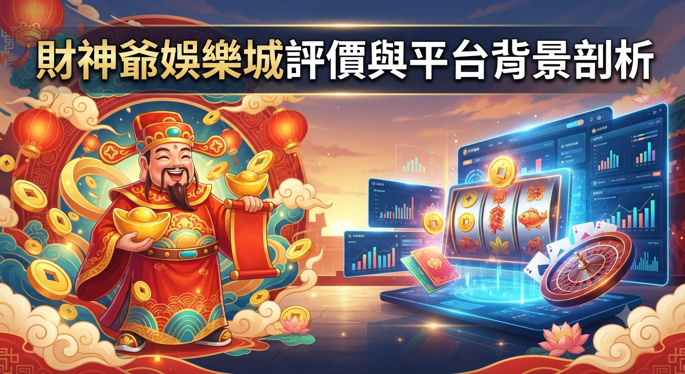 這是一張融合了傳統財神與現代娛樂城的數位藝術圖片,頂部標題為「財神爺娛樂城評價與平台背景剖析」。 畫面左側站著一位手持金元寶和捲軸的喜氣財神,右側則展示著一個帶有老虎機、輪盤、撲克牌及數據圖表的現代化線上娛樂介面。