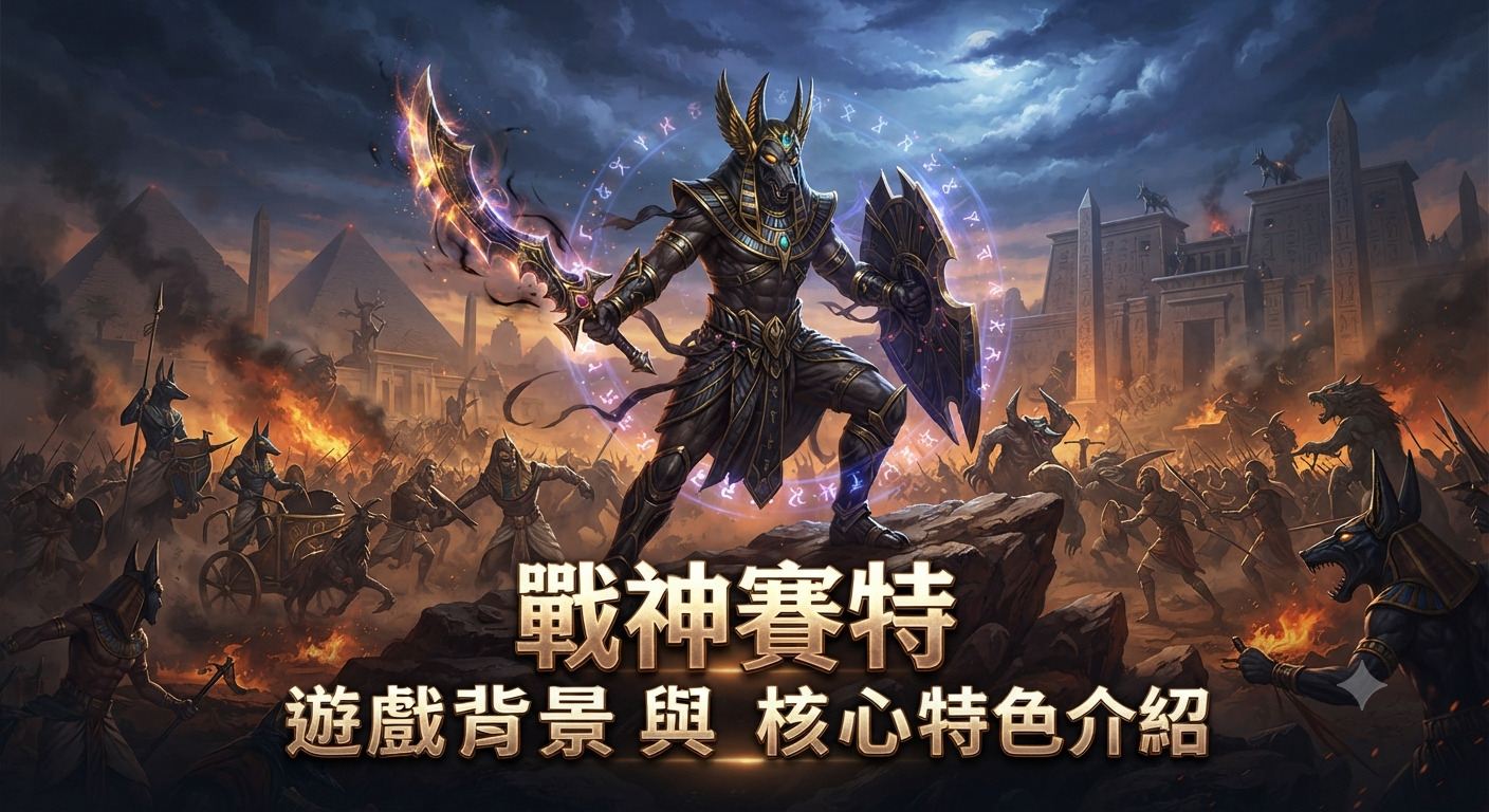 這是一張以古埃及神話為背景的史詩級遊戲宣傳圖,畫面中心站立著一位全副武裝、手持烈焰雙刀和盾牌的阿努比斯神。 背景中,金字塔和神廟在烈火中燃燒,黑夜裡兩軍激烈交戰,而巨大的金色標題文字「戰神賽特 遊戲背景與核心特色介紹」則醒目地浮現在前景岩石上方。
