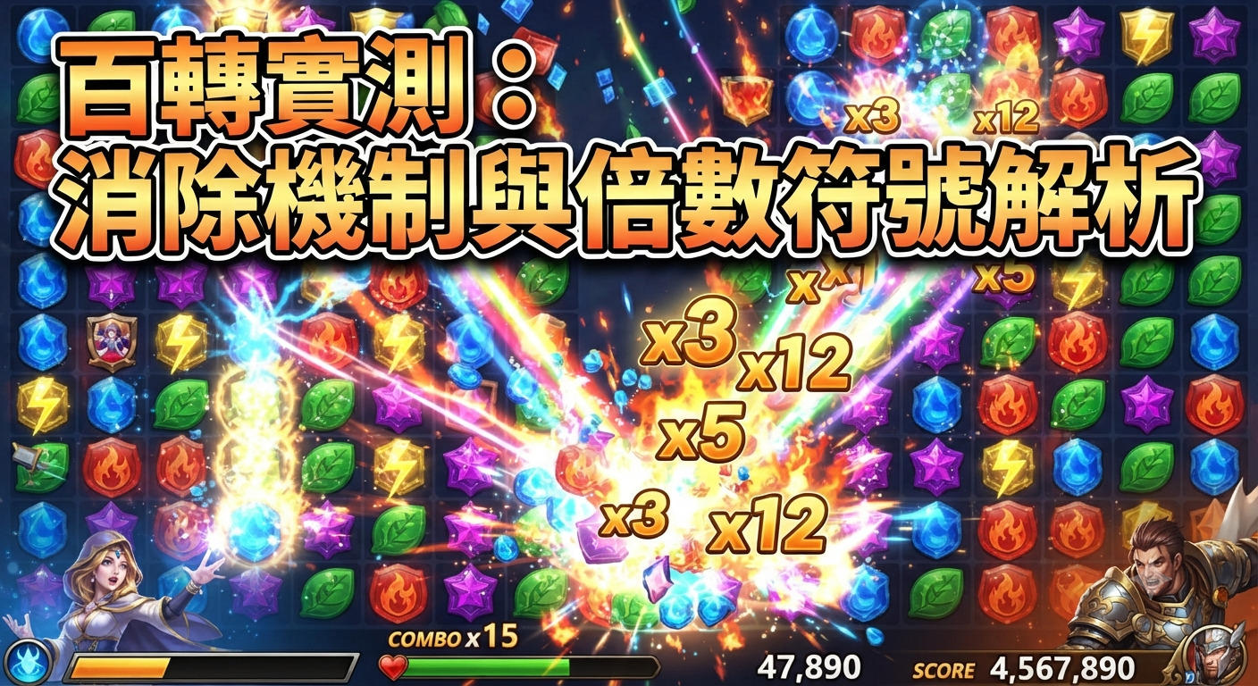 這是一張以消消樂遊戲機制與倍數符號為主題的圖片。 畫面上方醒目地展示了標題「百轉實測:消除機制與倍數符號解析」。