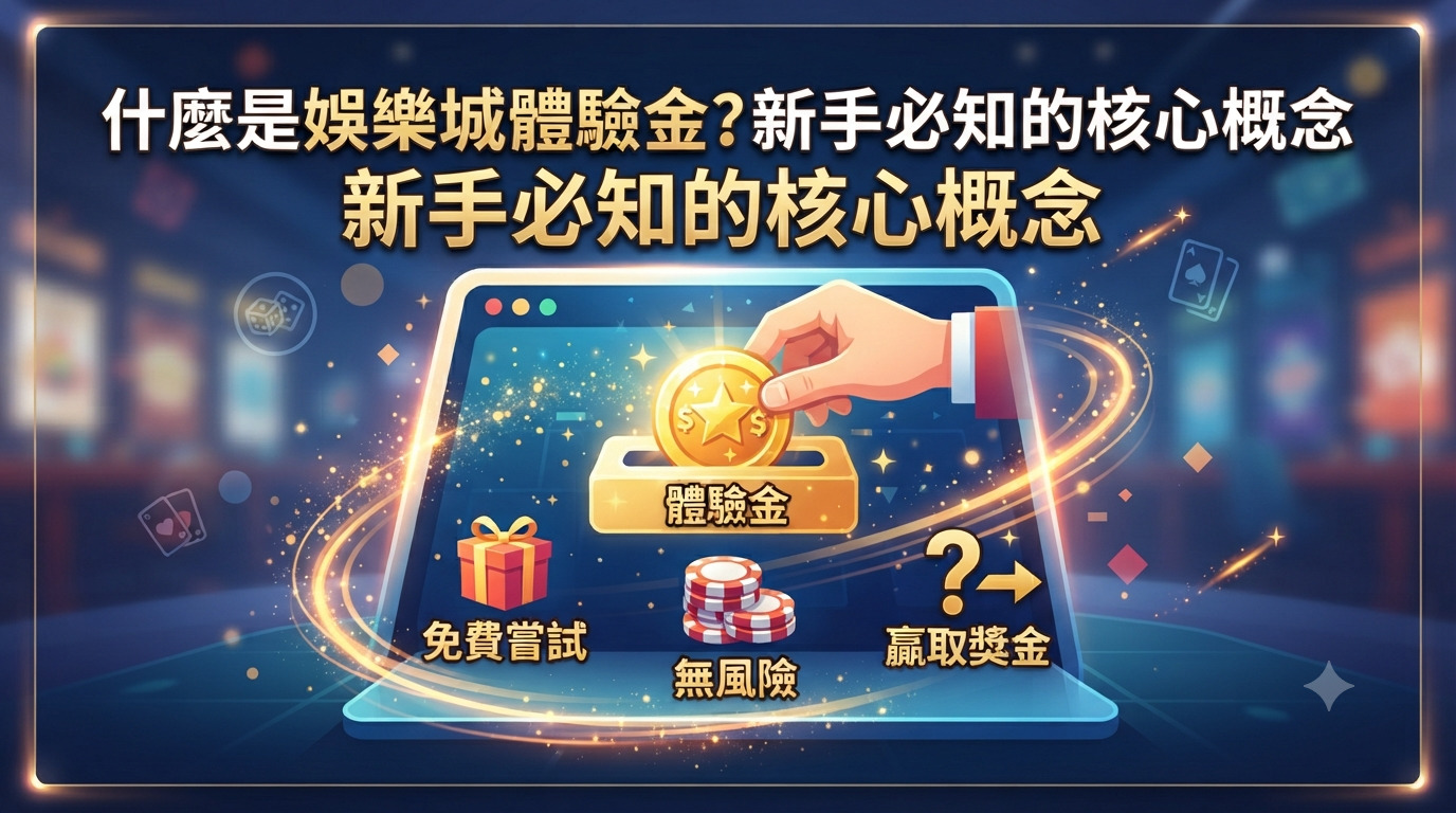 這張圖片以「什麼是娛樂城體驗金?新手必知的核心概念」為標題,並搭配了金幣、籌碼與線上娛樂城的視覺元素。 畫面呈現出新手免費嘗試與了解核心概念的主題,設計風格清晰且具吸引力。