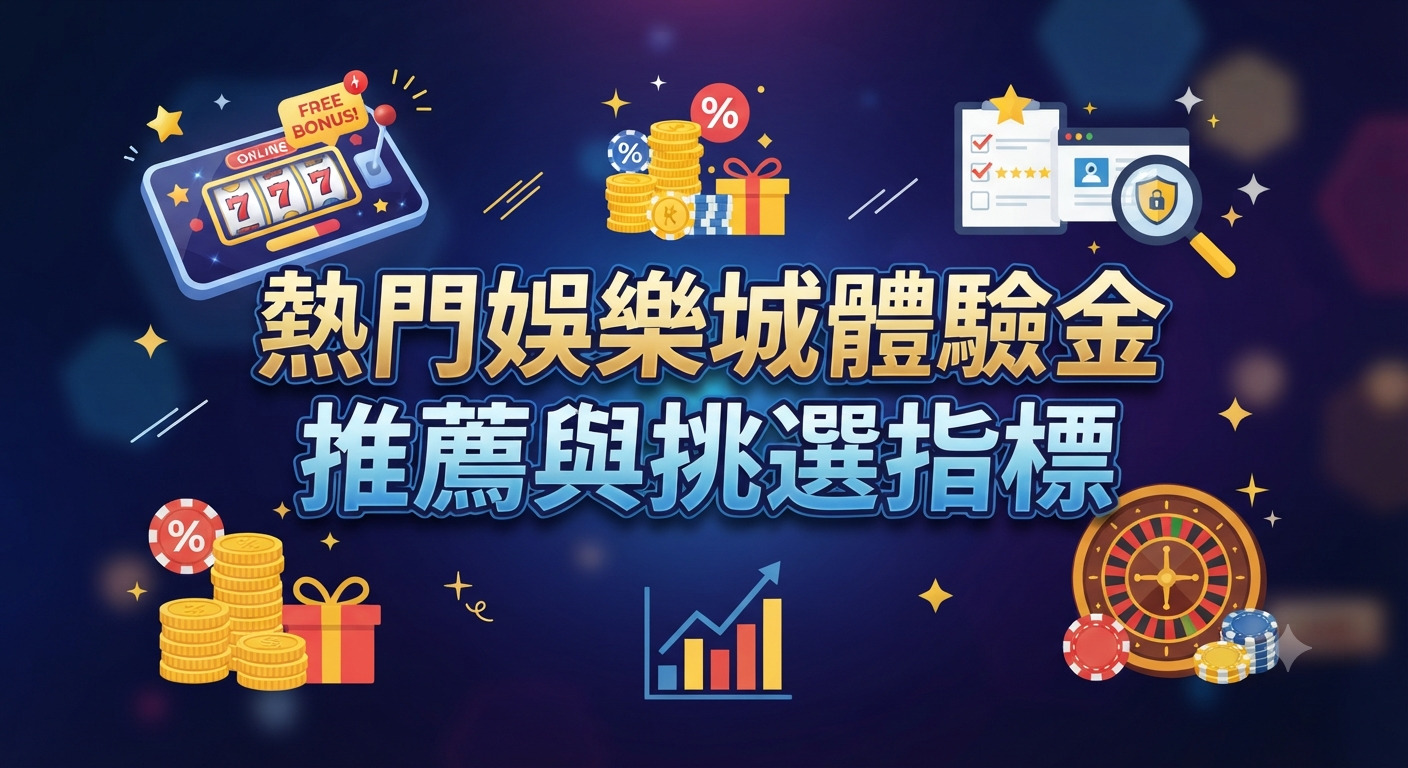 圖片展示了熱門娛樂城體驗金的推薦主題,背景為深藍色調並帶有賭場與禮物圖標。 中央醒目地標示著繁體中文主標題:「熱門娛樂城體驗金推薦與挑選指標」。