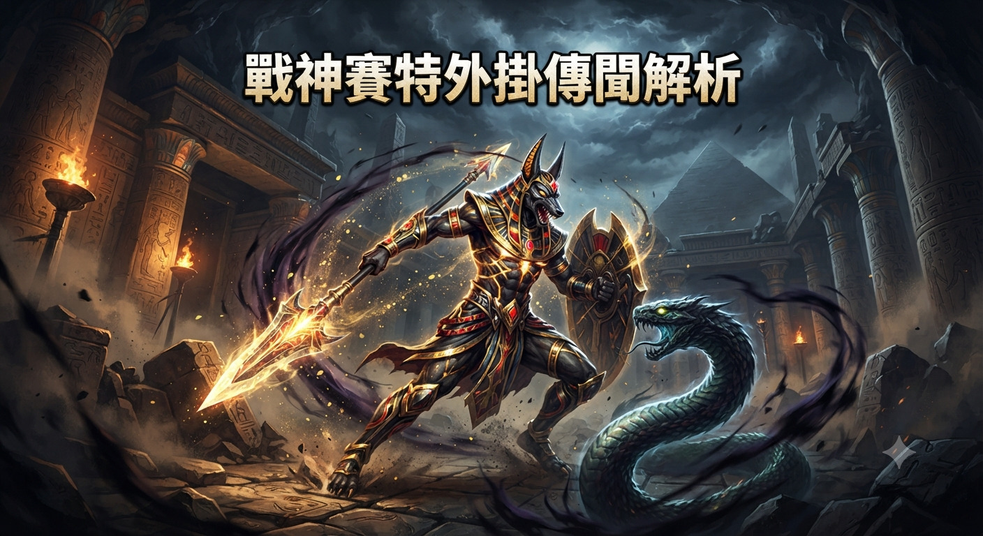 這是一幅以古埃及戰神賽特為主題的奇幻插圖,畫面中賽特正與黑暗巨獸對峙。 圖片正上方清晰地印有繁體中文標題「戰神賽特外掛傳聞解析」。