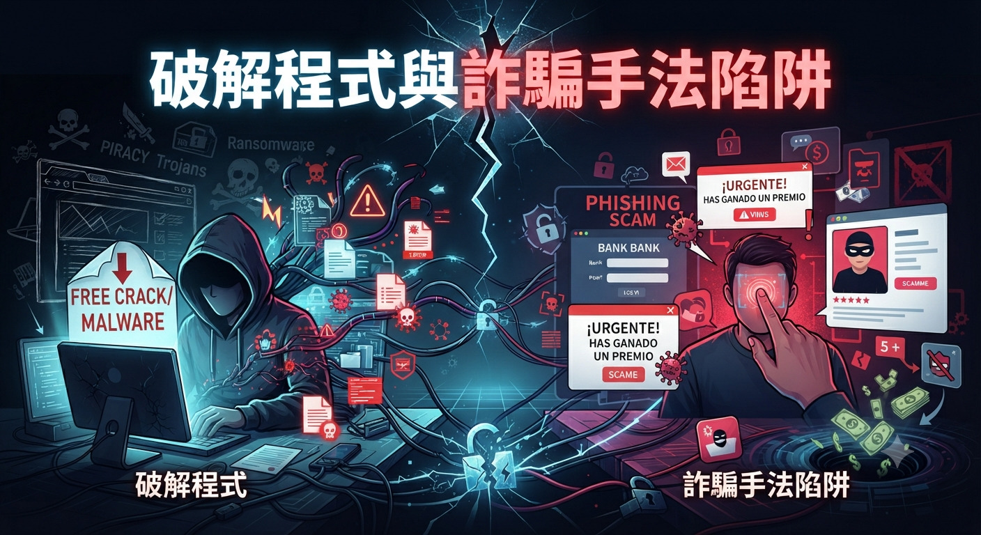 圖片展示了網路安全與詐騙防範的主題,左側描繪駭客與破解軟體帶來的惡意程式風險。 右側則呈現各種網路詐騙手法與陷阱,上方醒目地標示著「破解程式與詐騙手法陷阱」的標題。