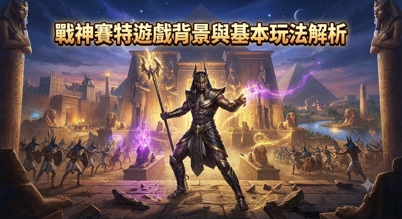 圖片展示了埃及戰神賽特在神殿前的威嚴姿態與神話戰場背景。 畫面頂部中央清晰呈現「戰神賽特遊戲背景與基本玩法解析」的繁體中文標題。