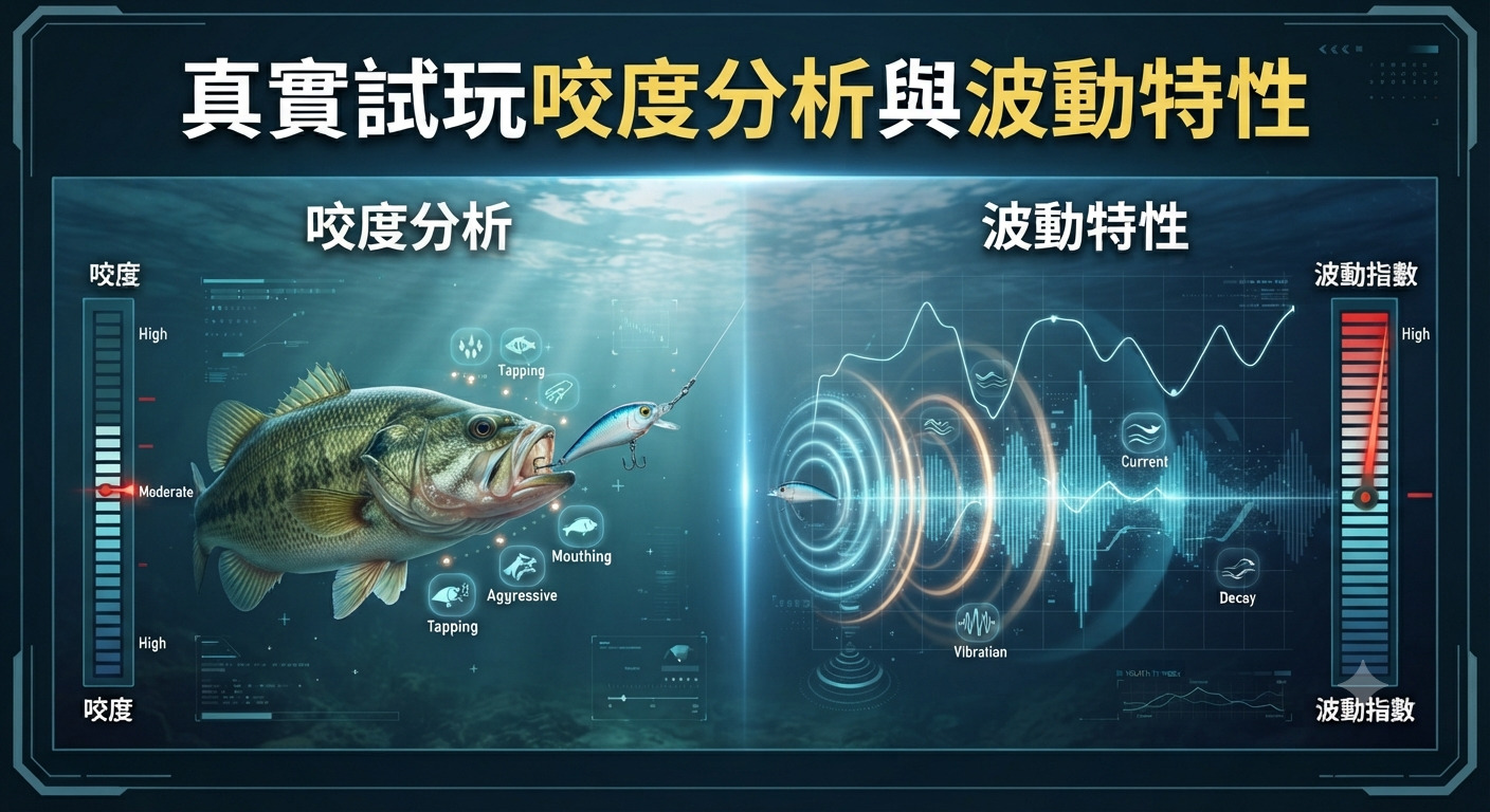 圖片展示了真實試玩中的「咬度分析與波動特性」,以水下魚類咬合與波紋震動的科技化圖表呈現。 左側側重於魚口咬度與攻擊行為的分析,右側則突顯水流波紋及震動特性的科學數據視覺化。