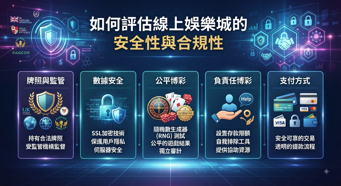 圖片展示了評估線上娛樂城安全性與合規性的五大核心指標：牌照監管、數據安全、公平博弈、負責任博弈與支付方式。 整體設計採用現代科技風格的藍色調，並以清晰的圖示與繁體中文標籤突顯安全與合規的審查重點。