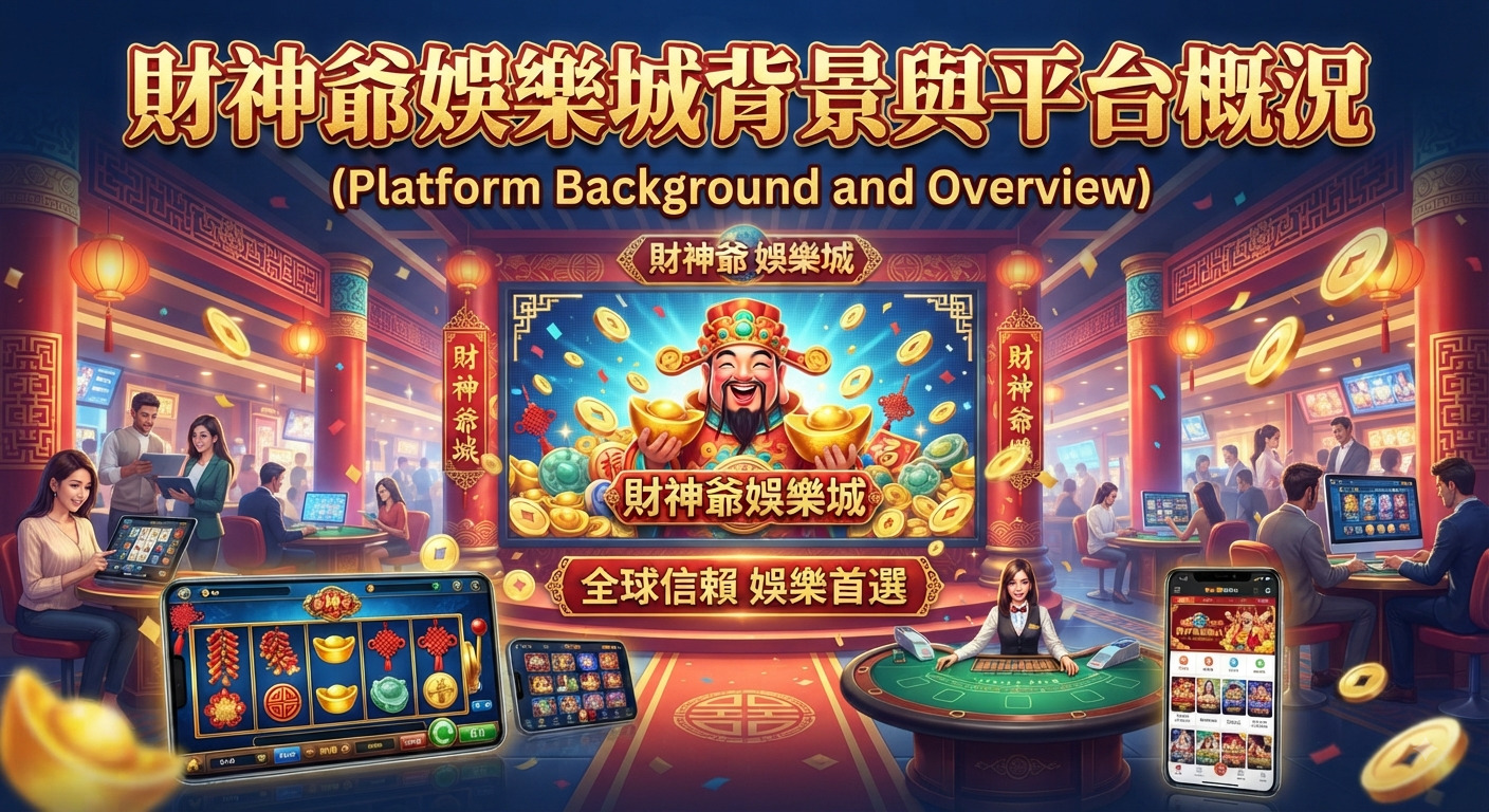 圖片展示了財神爺娛樂城的主題背景與平台概況,融合了傳統財神元素與現代線上娛樂城的豪華設計。 畫面頂部醒目地標示著主題標題,下方則呈現出充滿金幣、紅燈籠及遊戲介面的繁華線上娛樂場景。