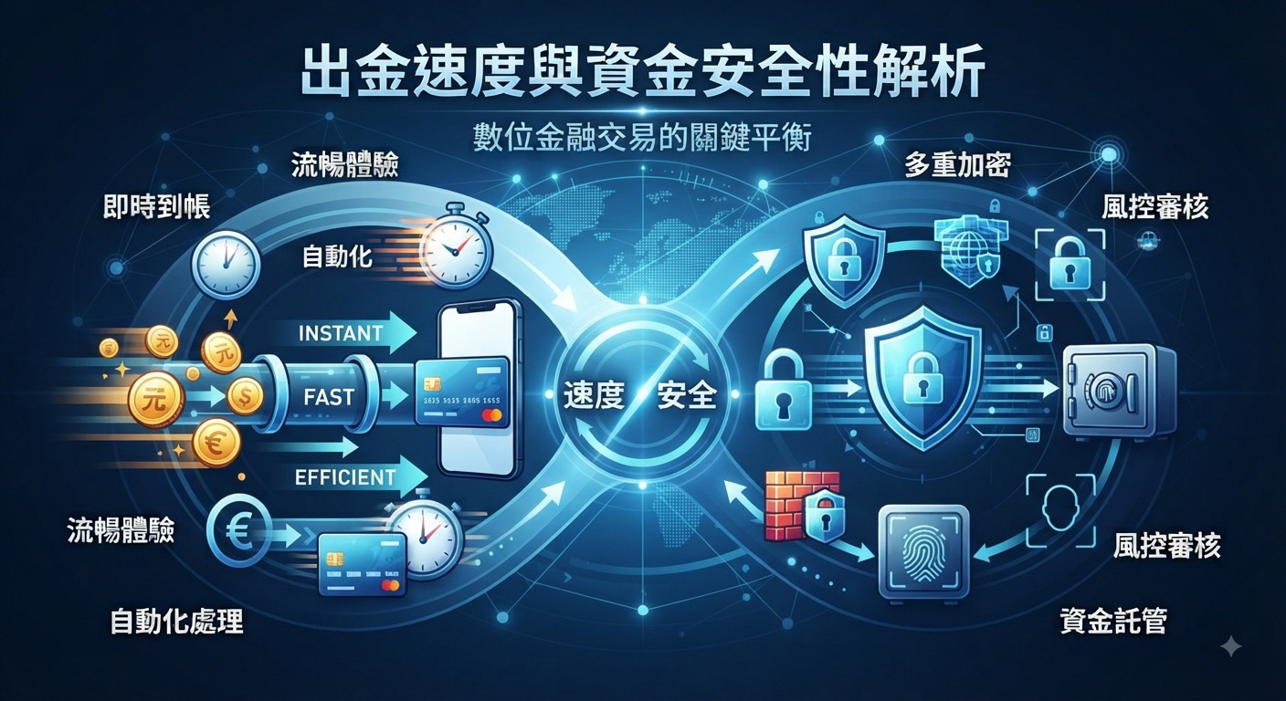 圖片透過科技感藍色調與流暢的圖示,生動解析數位金融中出金速度與資金安全性的關鍵平衡。 畫面中央醒目呈現「出金速度與資金安全性解析」的主標題,突顯兼顧效率與防護的核心主題。