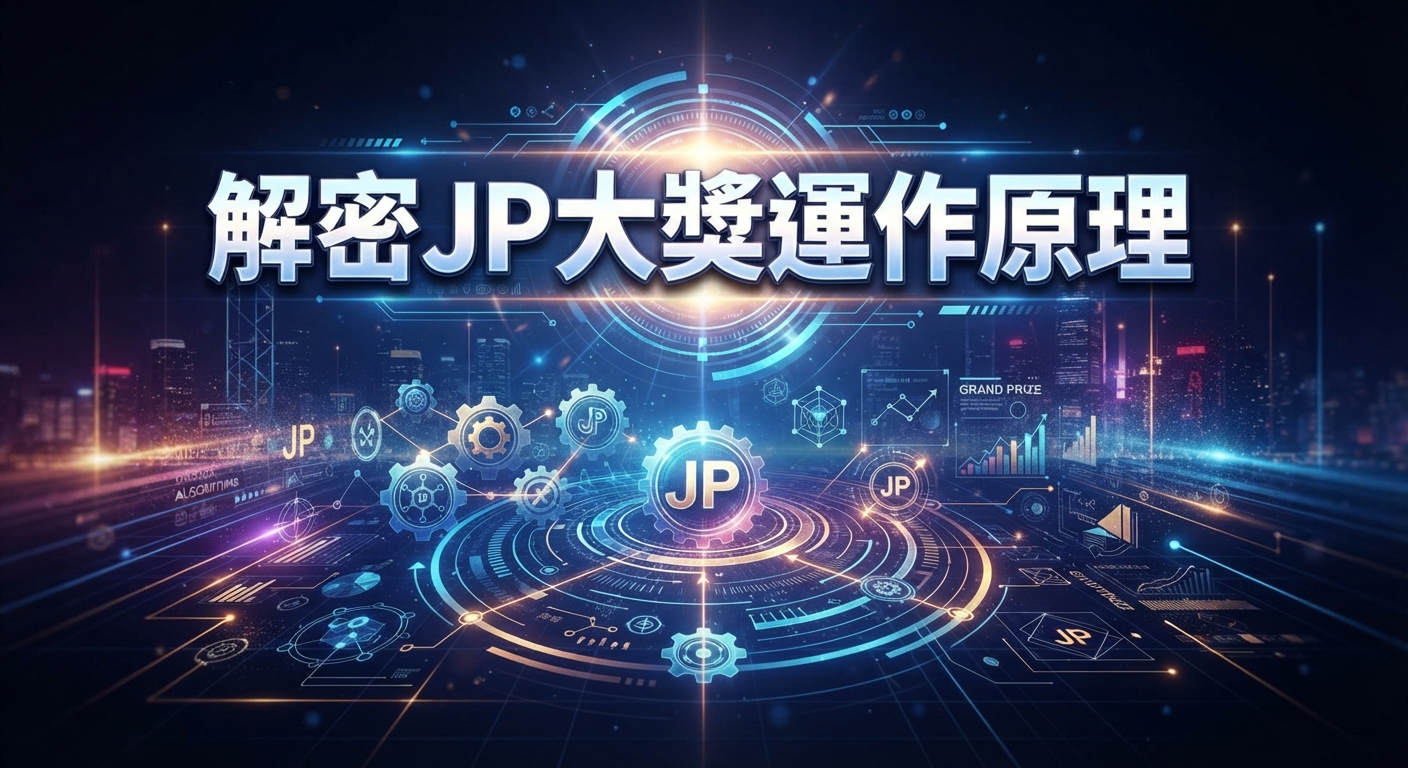 這是一張以「解密JP大獎運作原理」為主題的科技風格圖片,畫面中央帶有大型標題文字。 圖中融合了數位電路、齒輪機制與發光的全息圖案,呈現出神祕且具現代感的運作解析氛圍。