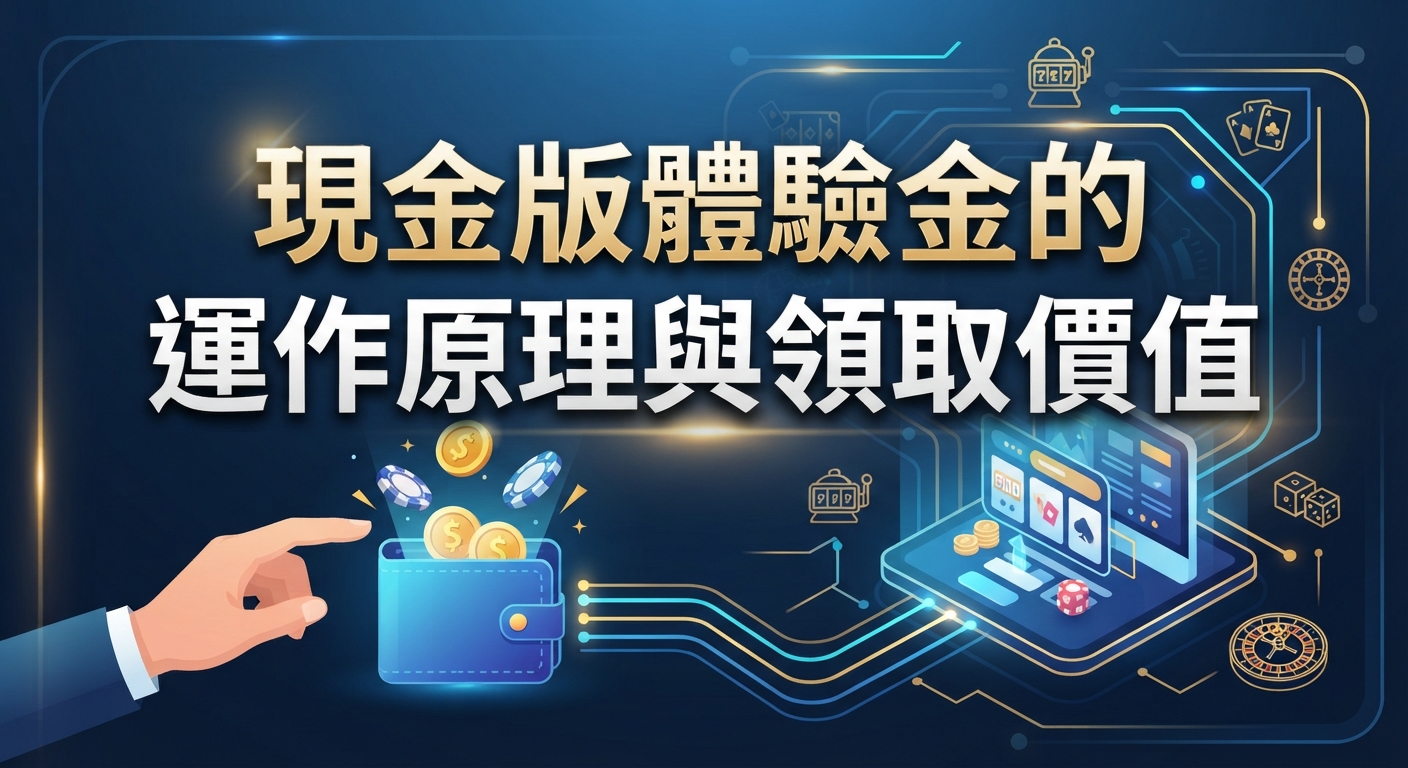 這張圖片以深藍色科技感為背景,正中央醒目地顯示著「現金版體驗金的運作原理與領取價值」標題。 畫面搭配了數位錢包、代幣以及線上娛樂相關的插圖,呈現出金融與科技交織的視覺風格。