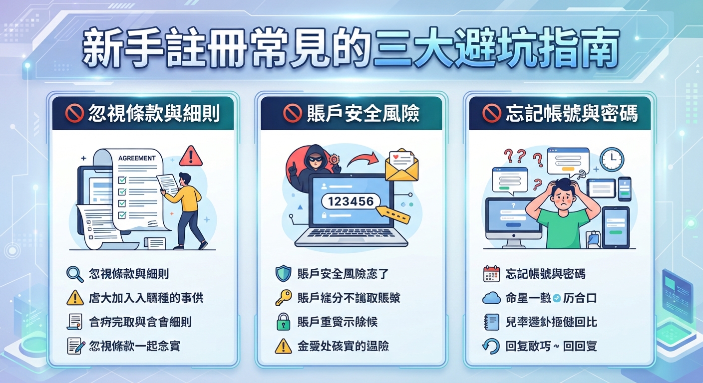 圖片上方醒目地顯示著「新手註冊常見的三大避坑指南」的主標題。 下方透過三個資訊卡片,分別列出了忽略條款、帳戶安全及忘記密碼等新手常見的注意事項。